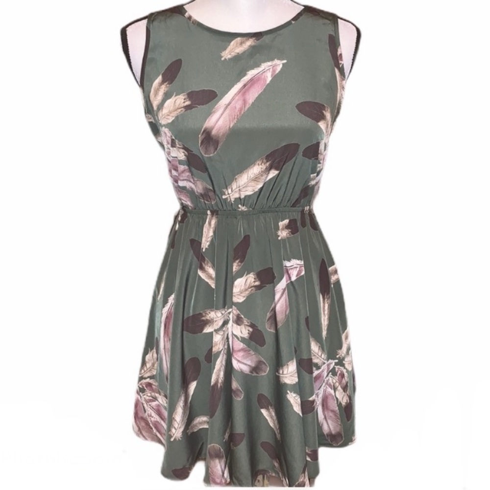 Fit and Flare Olive Green Feather Dress - Picture 1 of 5